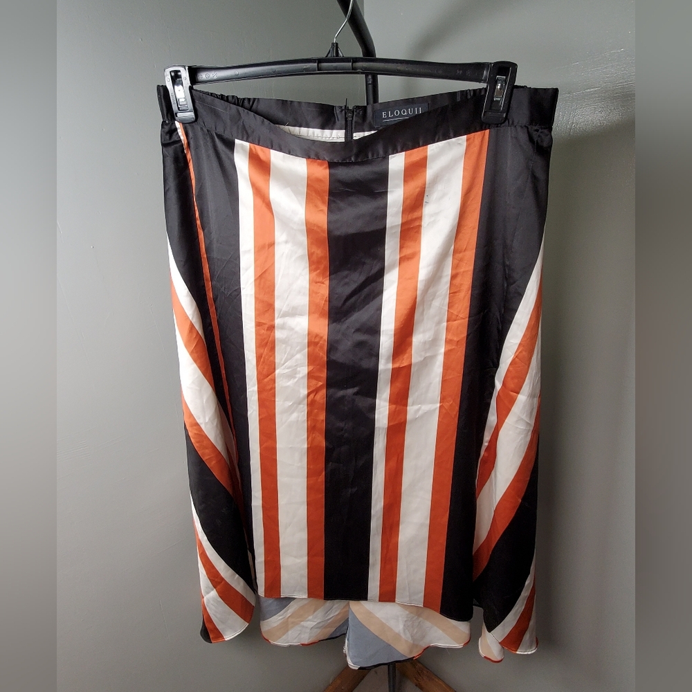 Eloquii Asymmetrical Skirt with Black, Orange, and White Stripes